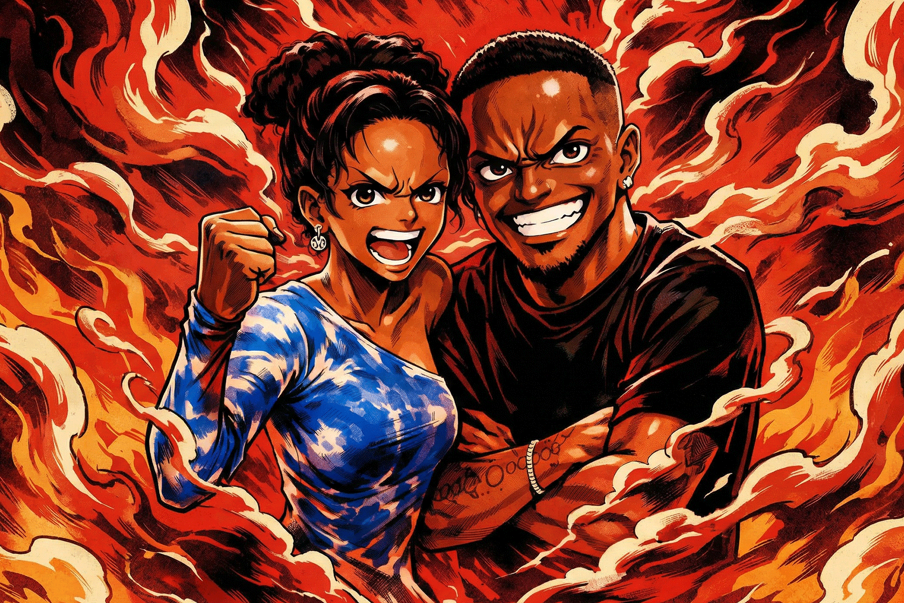 Illustration of a determined woman with a blue patterned shirt raising her fist next to a smiling man with crossed arms, surrounded by swirling flames.