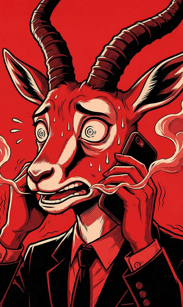 Illustration of an anxious anthropomorphic antelope in a suit sweating and talking on two phones with smoke coming out of its mouth.