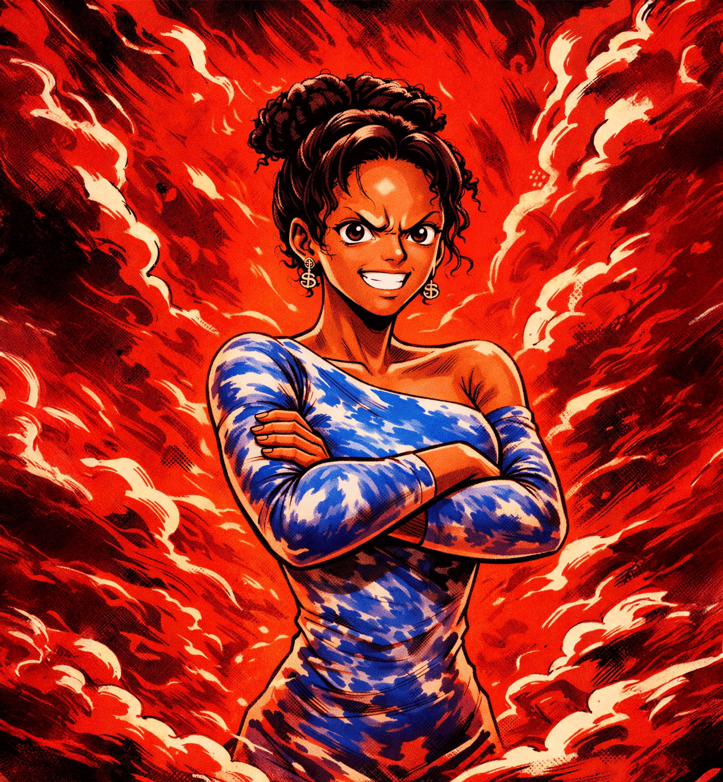 Determined woman with curly hair in a blue patterned top raising a clenched fist against a fiery red background.