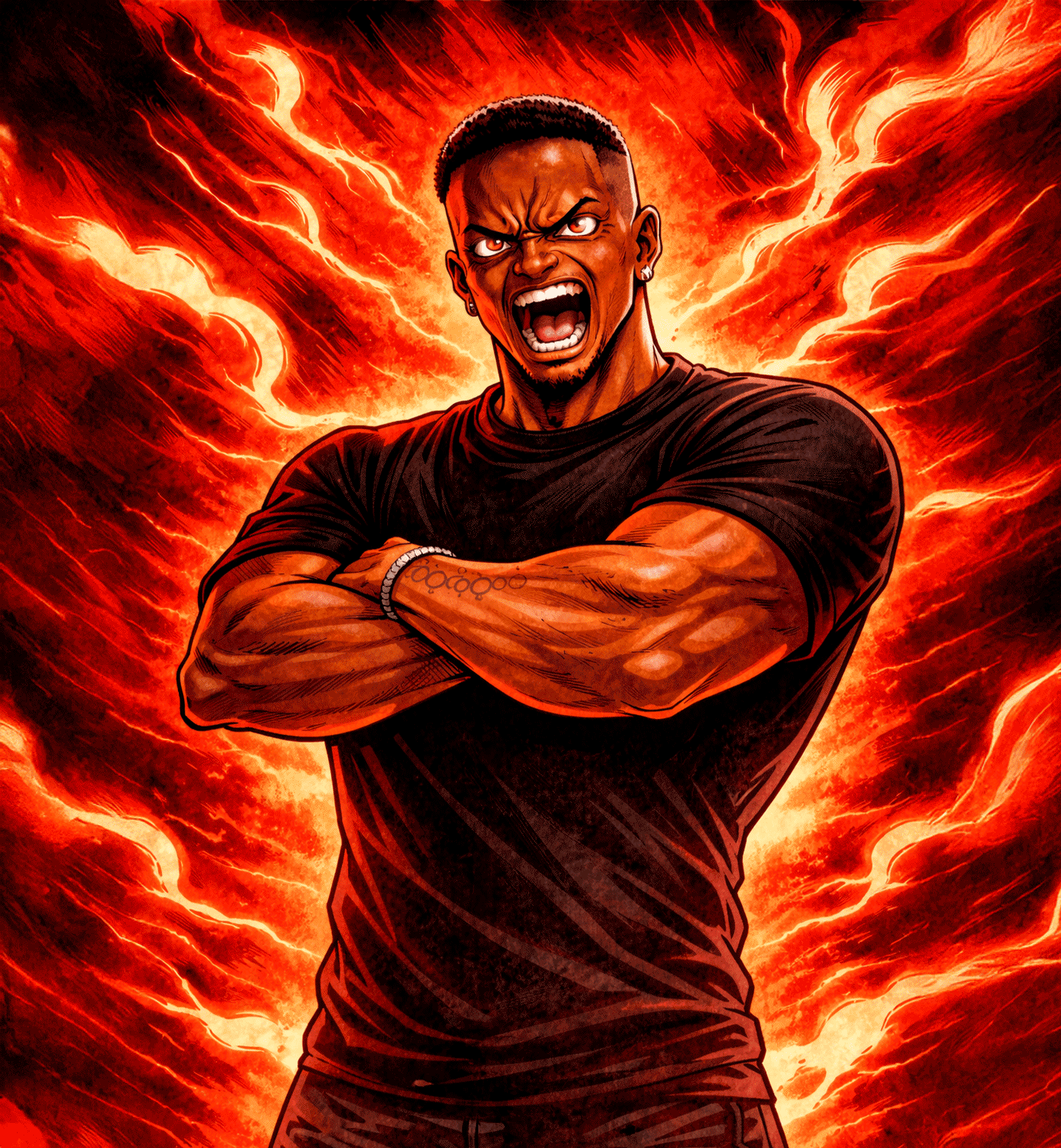 Illustration of a muscular man with crossed arms, grinning fiercely, surrounded by fiery red and orange flames.
