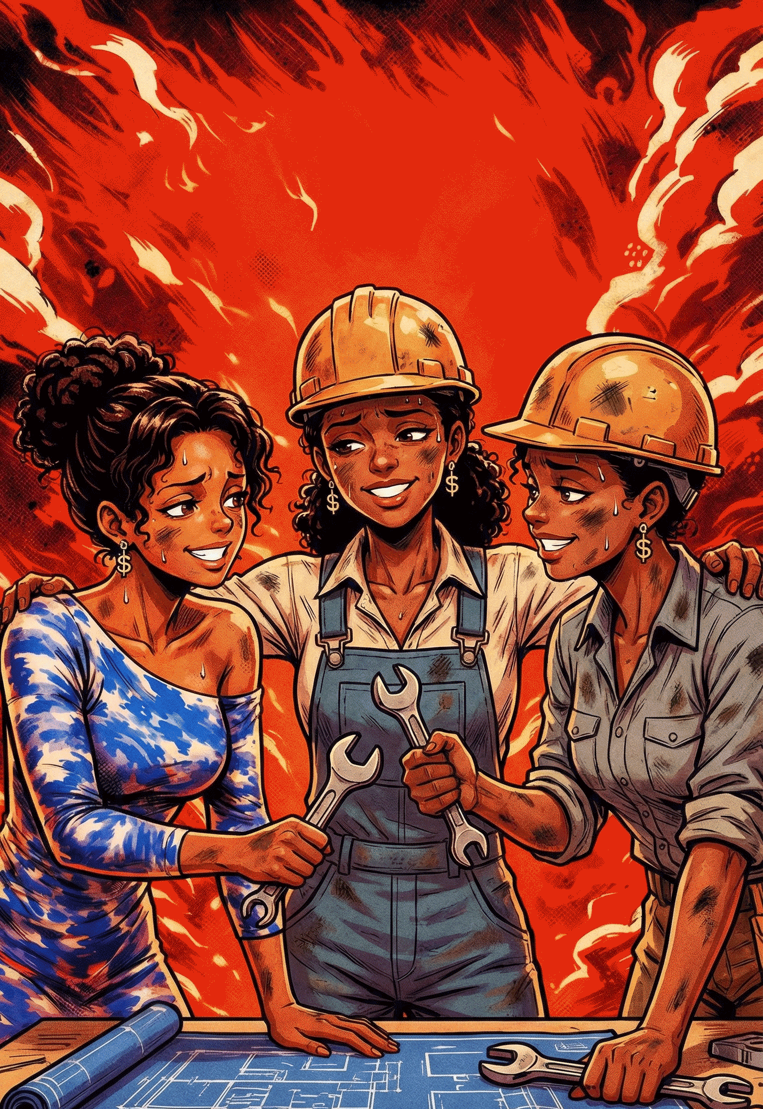 Three smiling female construction workers with wrenches and hard hats standing over blueprints with a fiery background.
