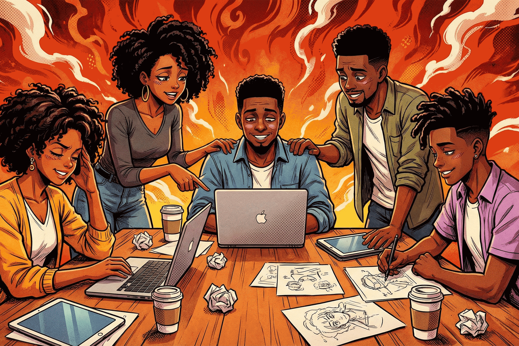 Five young adults gathered around a table with laptops, tablets, sketches, and coffee cups, collaborating with an orange fiery background.