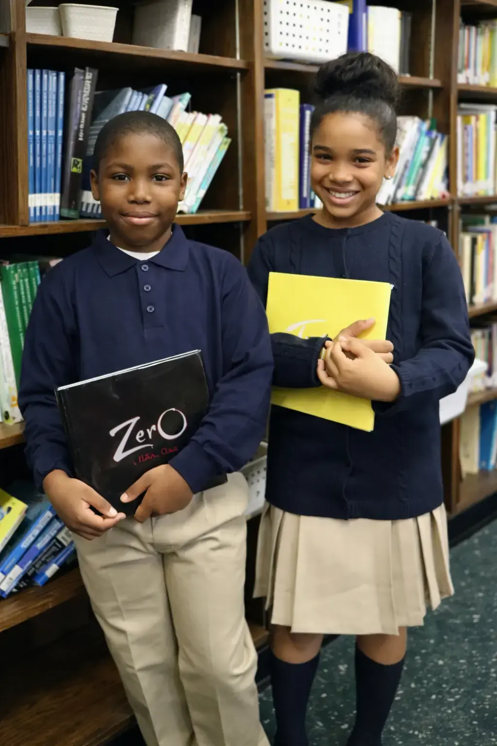 Two uniformed students holding books in school library