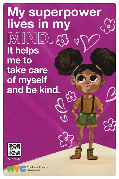 NYC Mental Health Continuum poster promoting kindness and self-care for kids