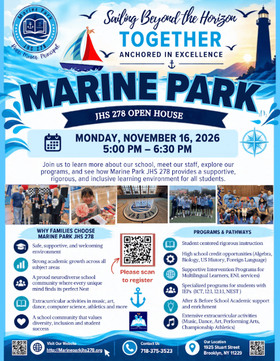 Marine Park JHS 278 Open House flyer