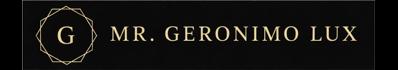 Black background with gold letter G inside geometric border and text Mr. Geronimo Lux.