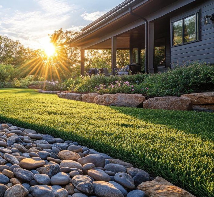 Sunset over a modern house garden featuring neatly trimmed grass, a stone border, and a rock pathway.
