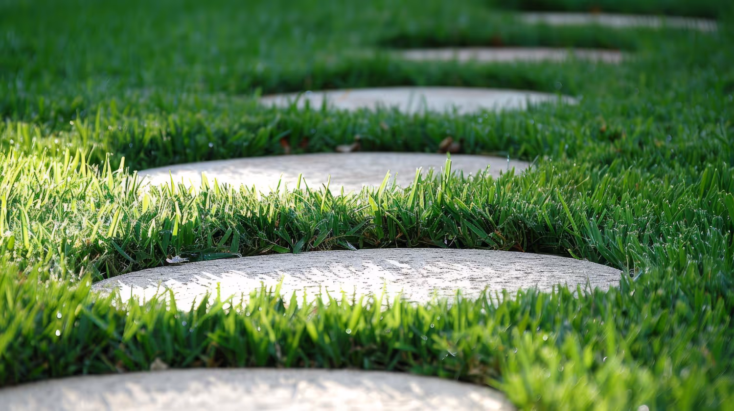 Close-up of round stepping stones embedded in lush green grass.