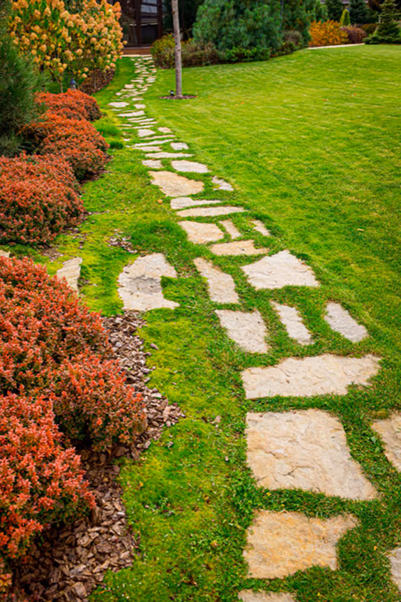 Stone pathway winding through a green lawn with red shrubs on the left side.