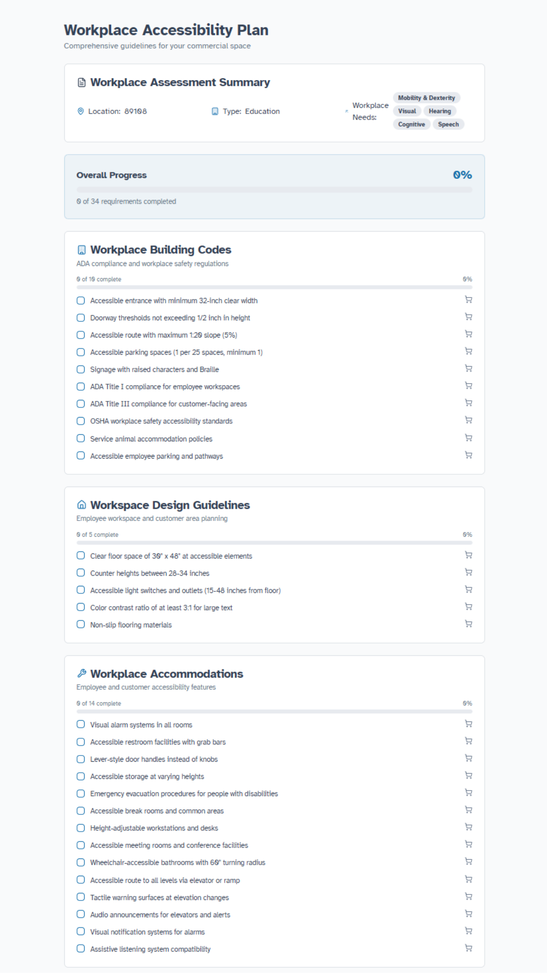 A screenshot of the Workplace Accessibility Plan for an educational facility in the zip code 89108 with multiple accessibility needs. The top section, called the Workplace Assessment Summary, defines the location, building type, and accessibility needs. The next section, in a light blue box, displays the overall progress at 0%. Sections below for Workplace Building Codes, Workspace Design Guidelines, and Workplace Accommodations each have their own progress bar at 0% under the section title with unchecked checkboxes below.