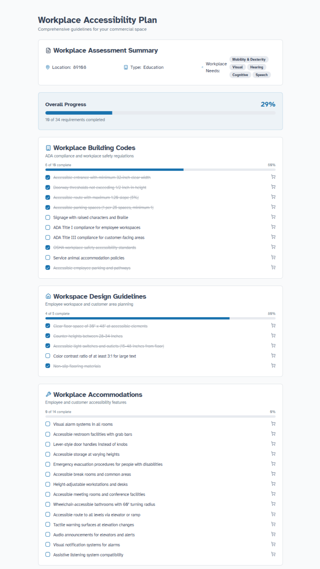 A screenshot of the Workplace Accessibility Plan for an educational facility in the zip code 89108 with multiple accessibility needs. The top section, called the Workplace Assessment Summary, defines the location, building type, and accessibility needs. The next section, in a light blue box, displays the overall progress at 29%. Sections below for Workplace Building Codes, Workspace Design Guidelines, and Workplace Accommodations each have their own progress bar at 50%, 80%, and 0% respectively under the section title with checked and unchecked checkboxes below. 