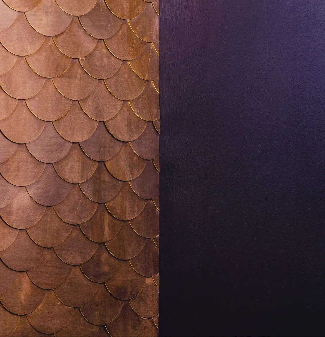 A detailed close-up of a copper pattern on a wall, showcasing intricate designs and textures.