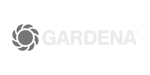 Gardena logo: grey flower symbol with white text on black background, garden tools.