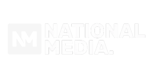 National Media logo in white on black background. Features NM initials within a square, text "National Media".