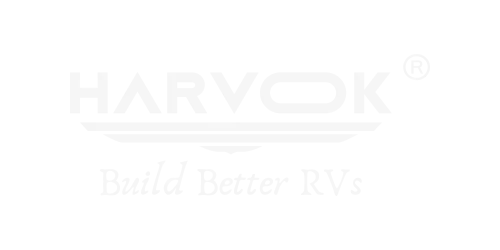 Harvok logo, white text on black background. Build Better RVs. RV manufacturer design.