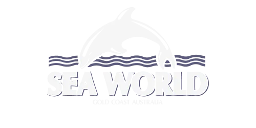 Sea World Gold Coast Australia logo: dolphin leaping over waves, white on black background.