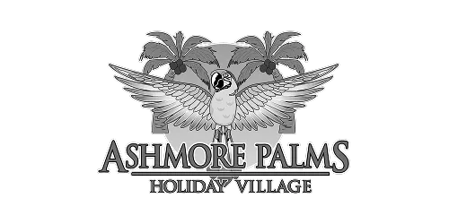 Ashmore Palms Holiday Village logo. Parrot with outstretched wings, palm trees, holiday village branding. Gold Coast accommodation.