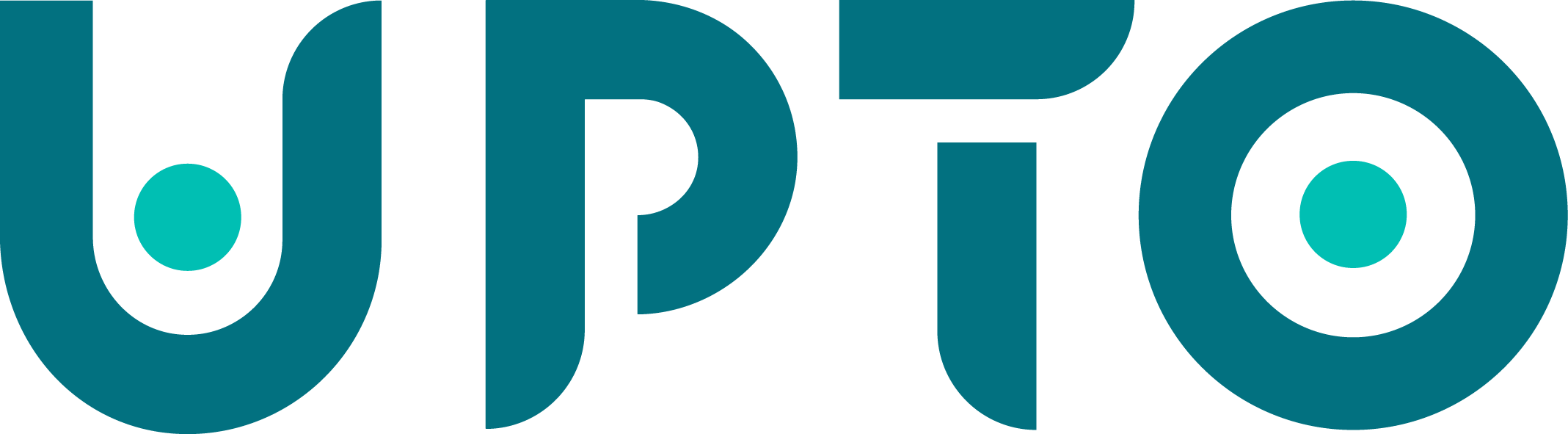 Abstract stylized letters U, P, T, and O in teal with two turquoise circles inside U and O.