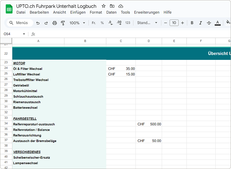 Spreadsheet titled 'UPTO.ch Fuhrpark Unterhalt Logbuch' listing vehicle maintenance items in German with associated costs in CHF, including oil and filter change for 35 CHF and tire repair/replacement for 500 CHF.