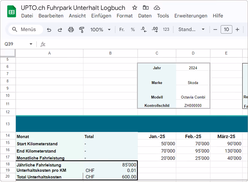 Spreadsheet titled 'UPTO.ch Fuhrpark Unterhalt Logbuch' showing vehicle data including year 2024, make Skoda, model Octavia Combi, and license ZH000000, with monthly and total mileage and maintenance costs in CHF.