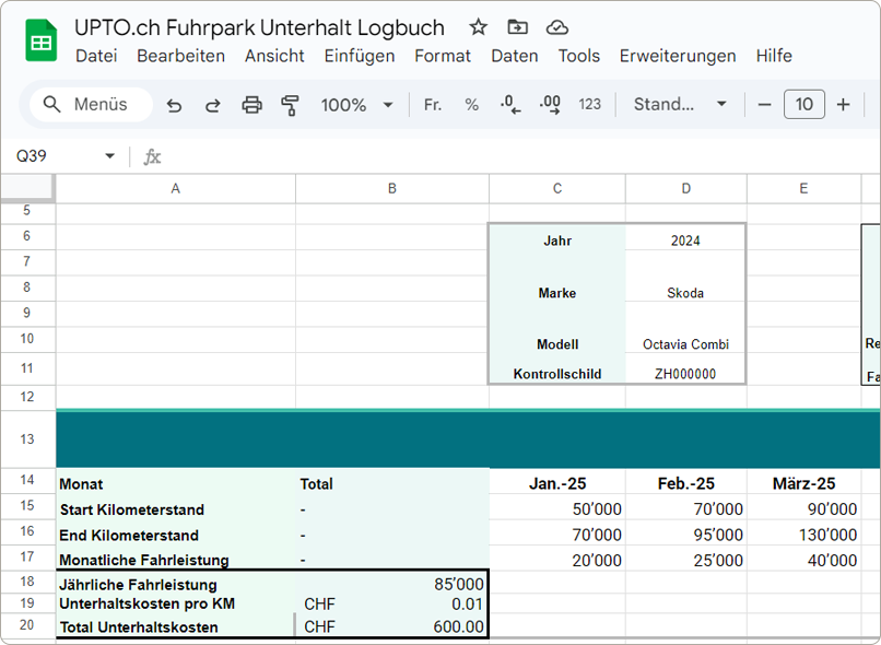 Spreadsheet titled 'UPTO.ch Fuhrpark Unterhalt Logbuch' showing vehicle data including year 2024, make Skoda, model Octavia Combi, and license ZH000000, with monthly and total mileage and maintenance costs in CHF.