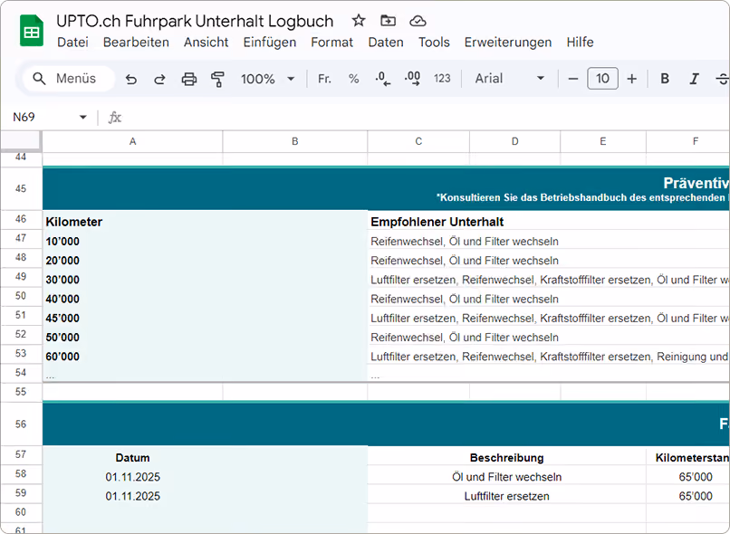 Spreadsheet titled 'UPTO.ch Fuhrpark Unterhalt Logbuch' listing recommended vehicle maintenance tasks at various kilometer intervals in German, including oil and filter changes and air filter replacement.