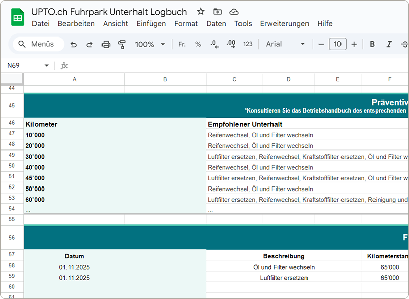 Spreadsheet titled 'UPTO.ch Fuhrpark Unterhalt Logbuch' listing recommended vehicle maintenance tasks at various kilometer intervals in German, including oil and filter changes and air filter replacement.