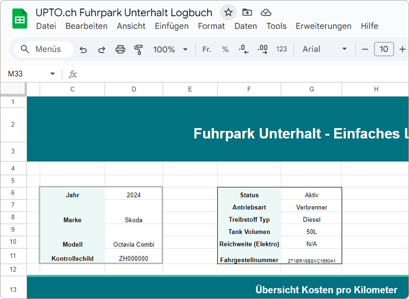 Spreadsheet showing vehicle logbook for a 2024 Skoda Octavia Combi with diesel engine, tank volume 50L, status active, and chassis number.