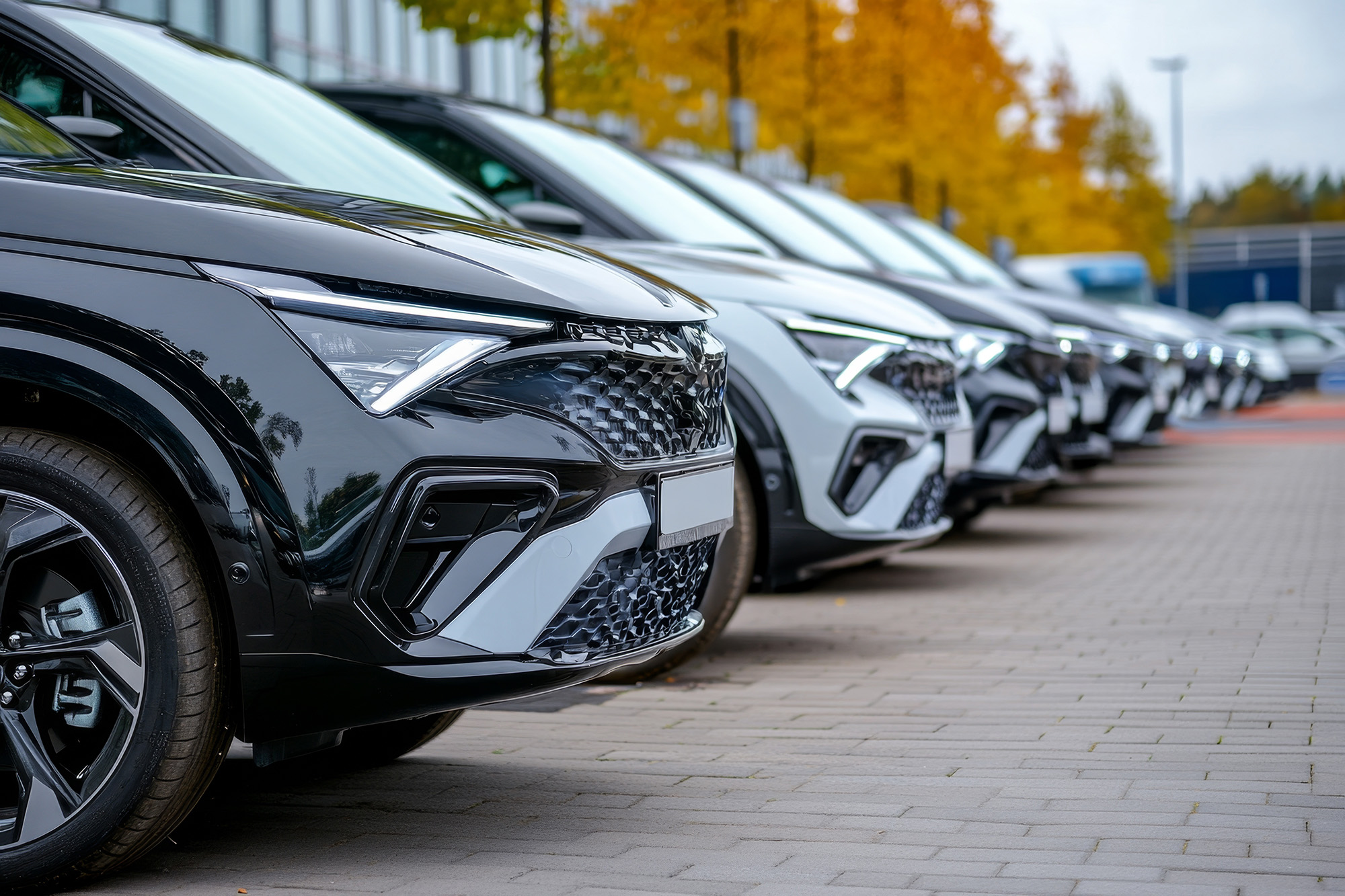 Row of modern black and white cars parked in a line on a paved area with autumn trees in the background.