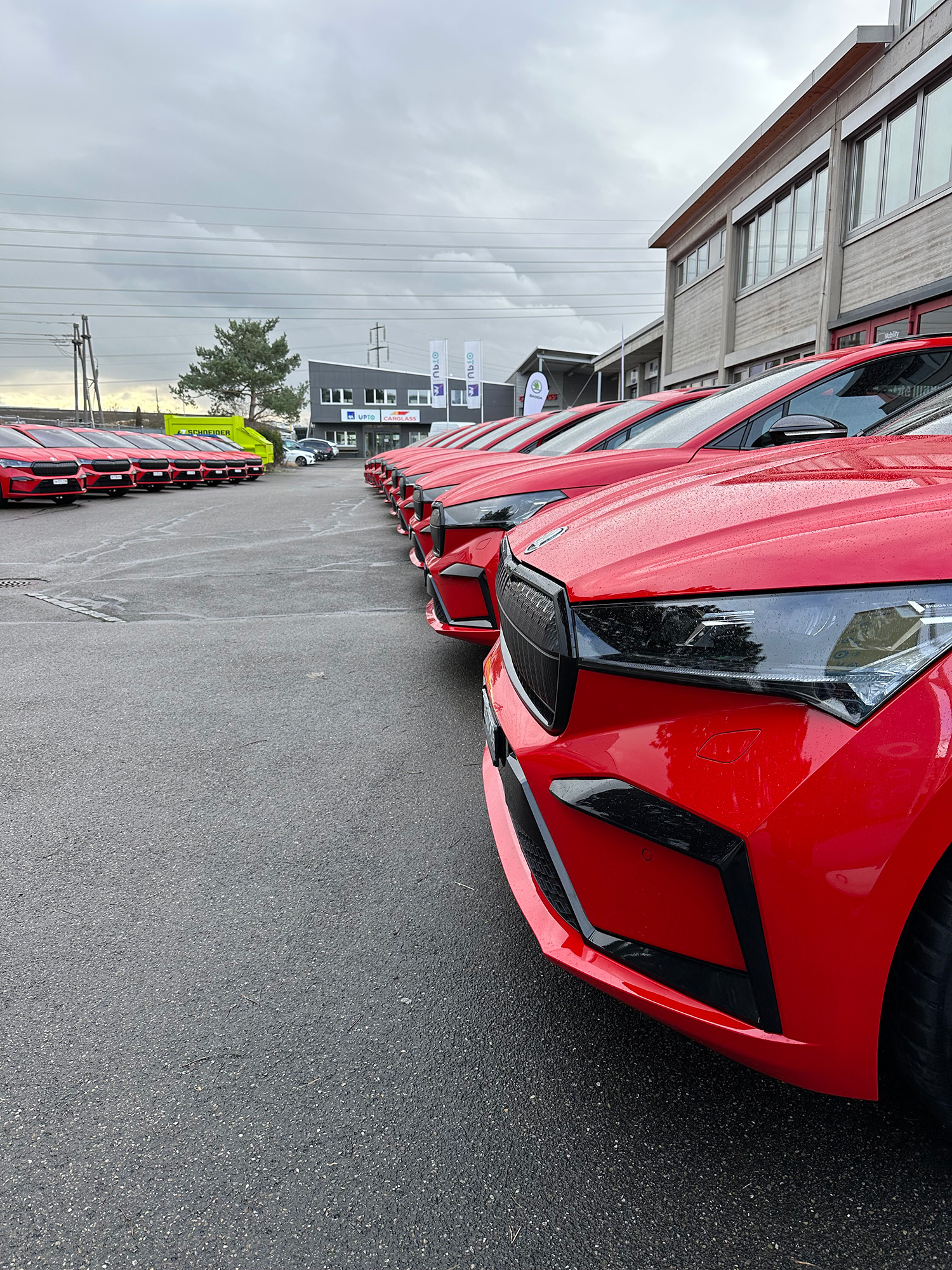 Two rows of red cars parked facing each other under a cloudy sky in an industrial area.