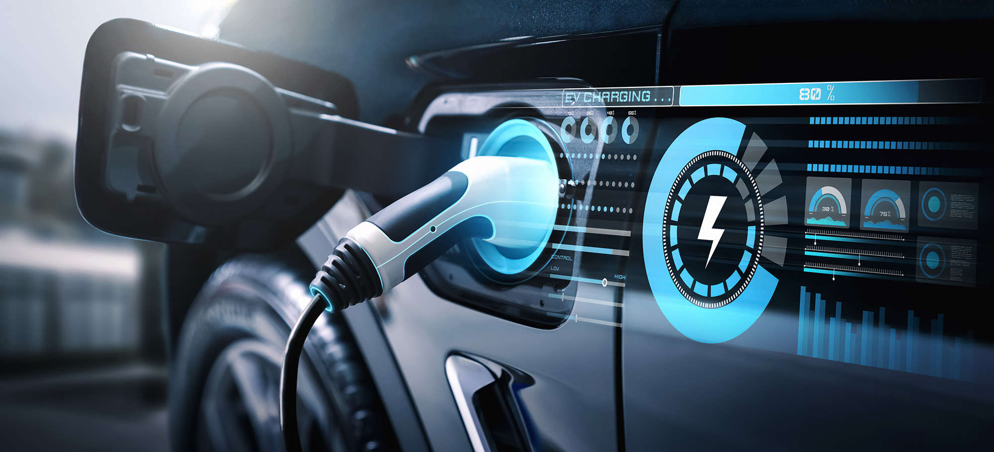 Electric vehicle charging port connected to a charging cable with digital dashboard displaying 80% charge and energy data overlays.