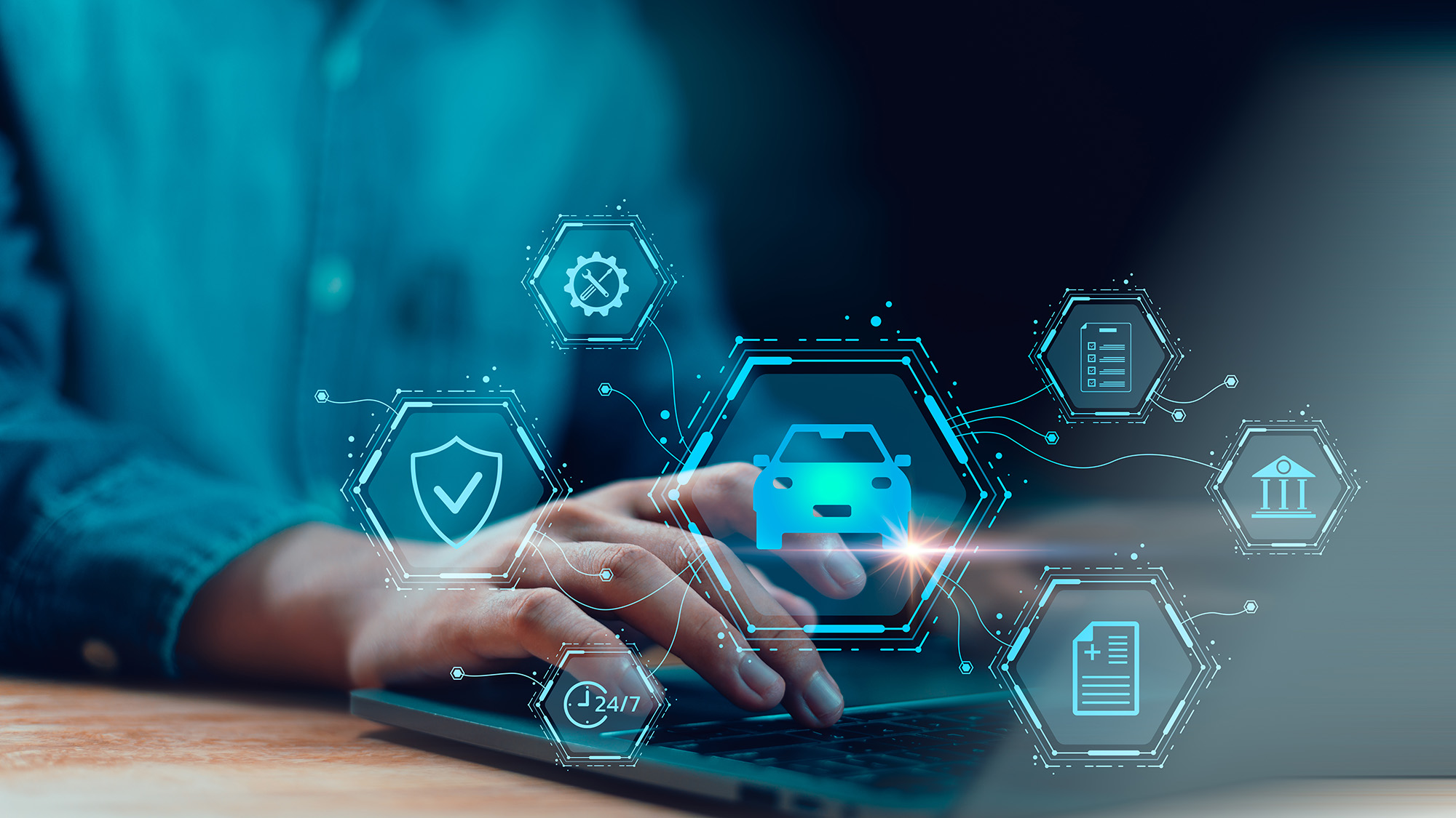 Person's hands typing on a laptop keyboard with floating digital hexagonal icons related to car, security, tools, 24/7 service, checklist, bank, and medical documents.