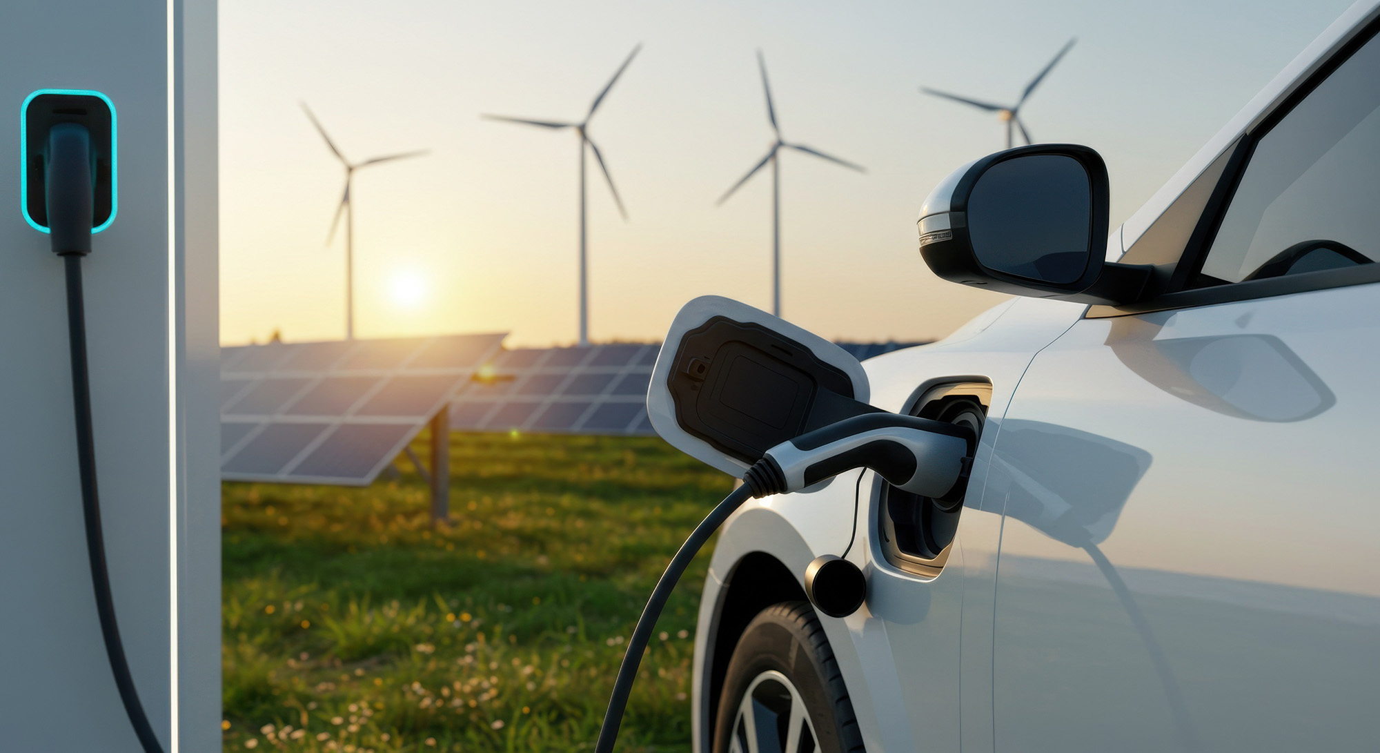 White electric car charging at a station with solar panels and wind turbines in the background during sunset.