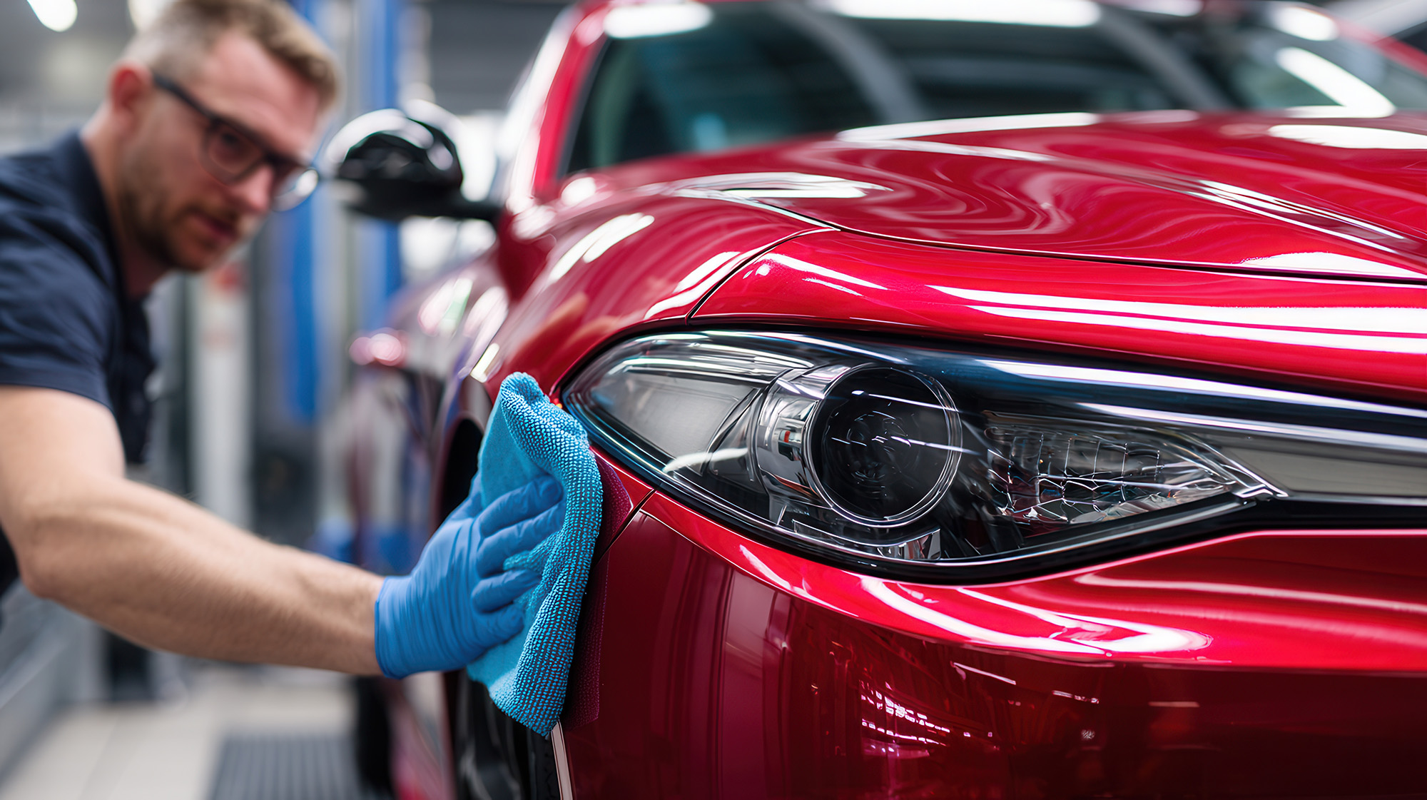 Person wearing blue gloves polishing the front headlight and fender of a shiny red car with a blue microfiber cloth.