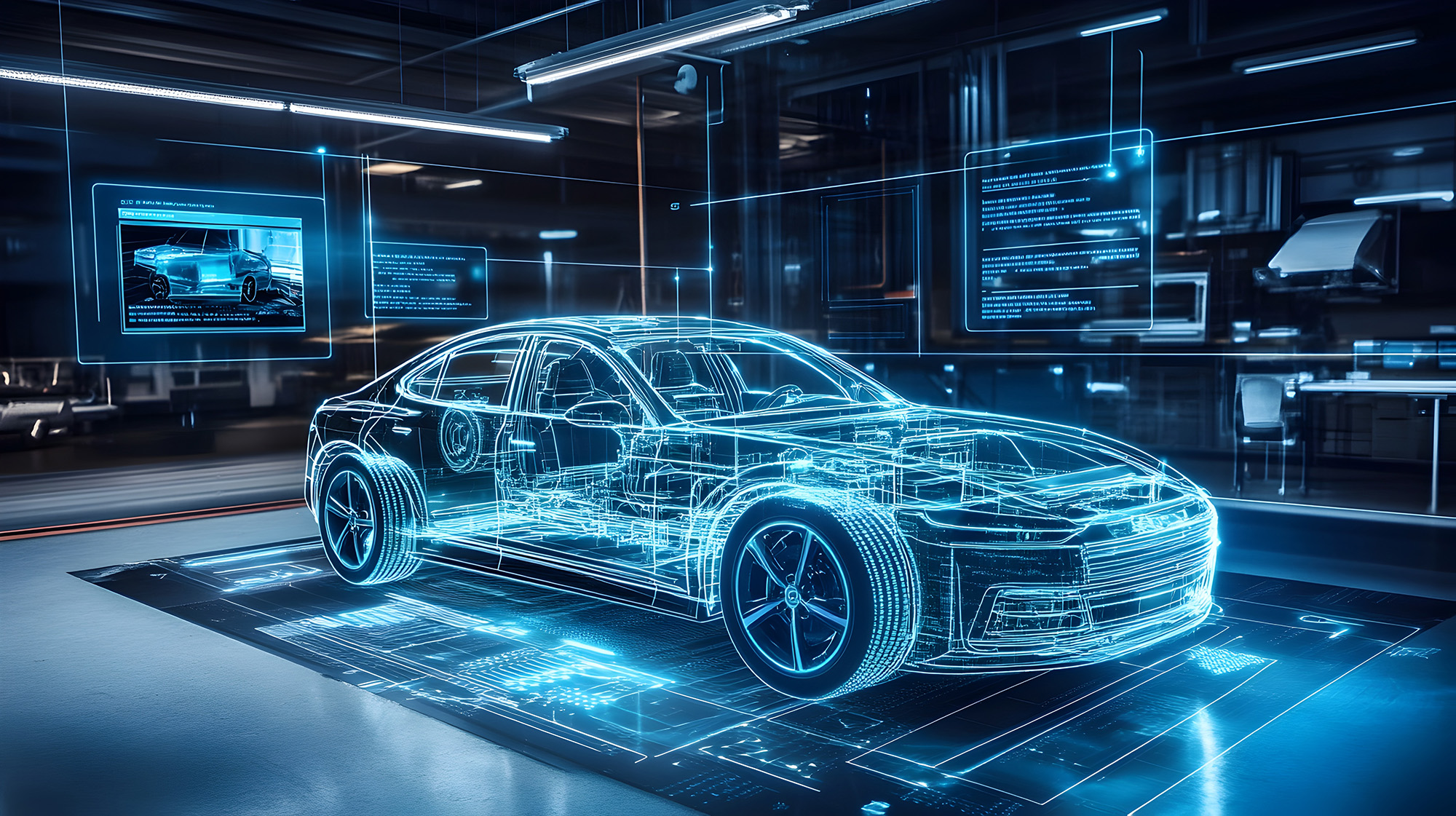 Digital hologram of a car with detailed internal structure and technical blueprints in a futuristic design lab.