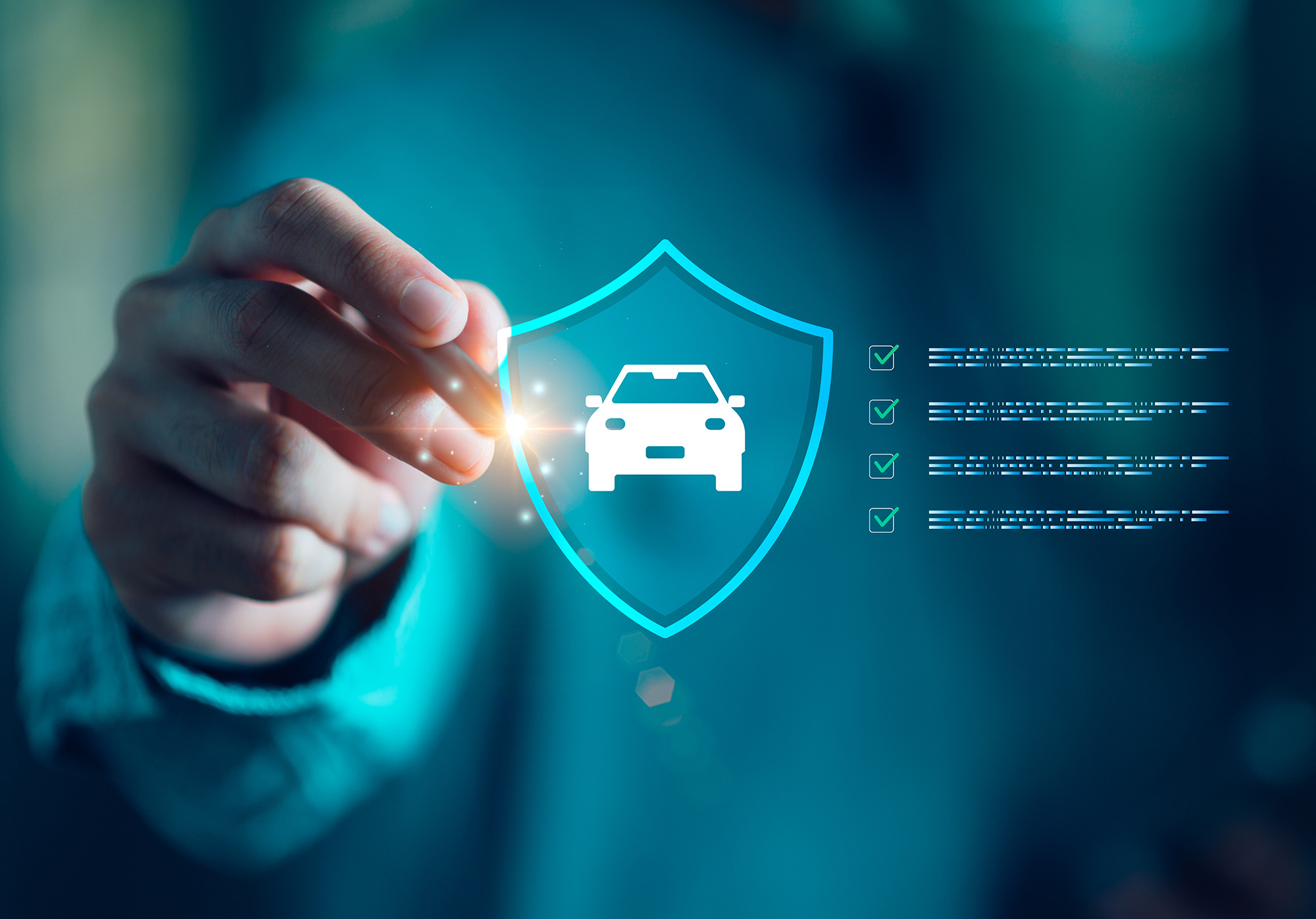 Hand holding a glowing pen drawing a shield with a car icon and checklists representing car insurance or protection.