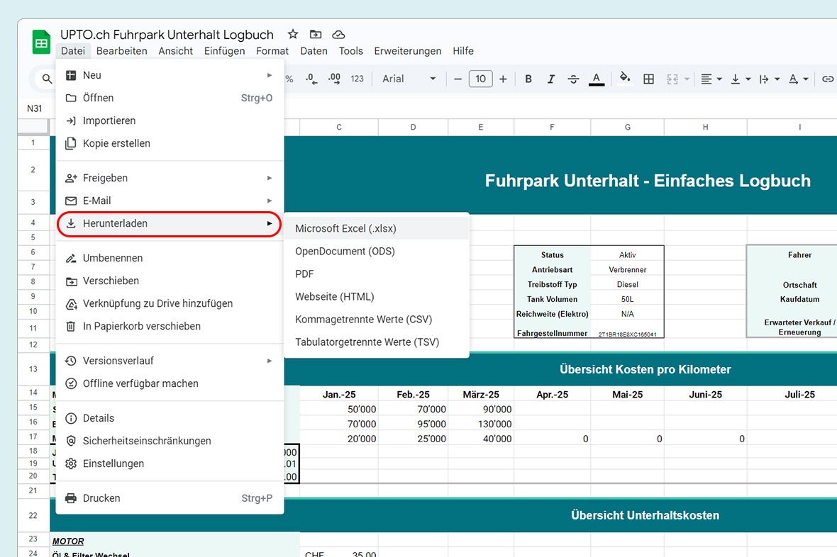 Screenshot of a German-language spreadsheet titled 'Fuhrpark Unterhalt - Einfaches Logbuch' with a dropdown menu open showing download options including Microsoft Excel, OpenDocument, PDF, HTML, CSV, and TSV.