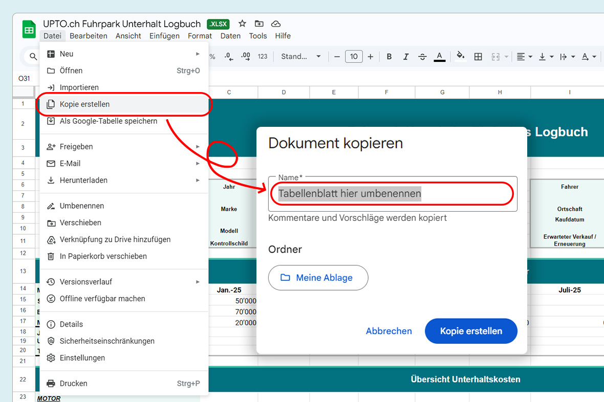 Google Sheets interface showing the 'Make a copy' option selected and a pop-up window to rename the sheet before copying.