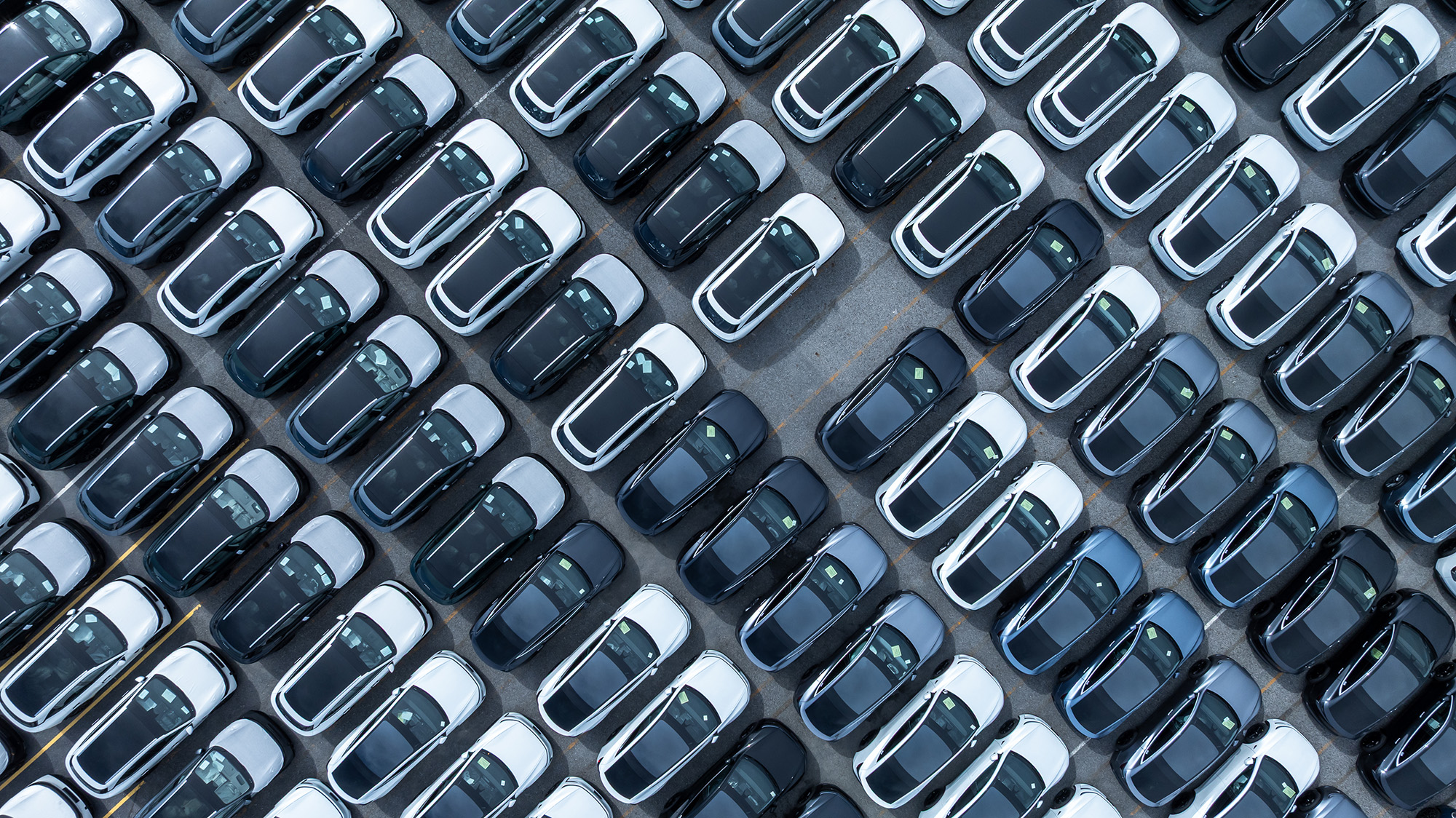 Aerial view of black and white cars neatly parked in rows in a large parking lot.