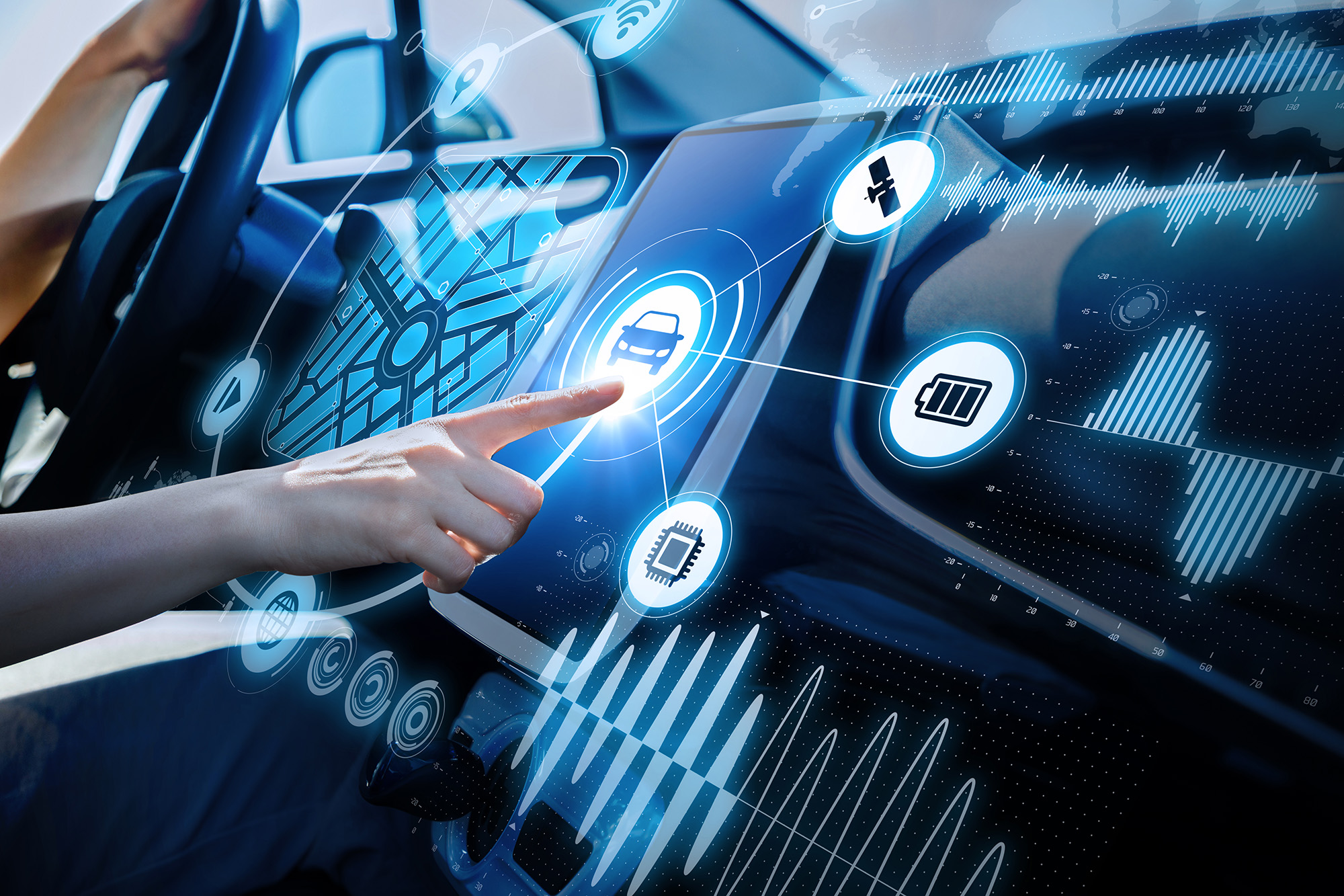 Person interacting with a futuristic touchscreen car dashboard displaying navigation, battery, and satellite icons.