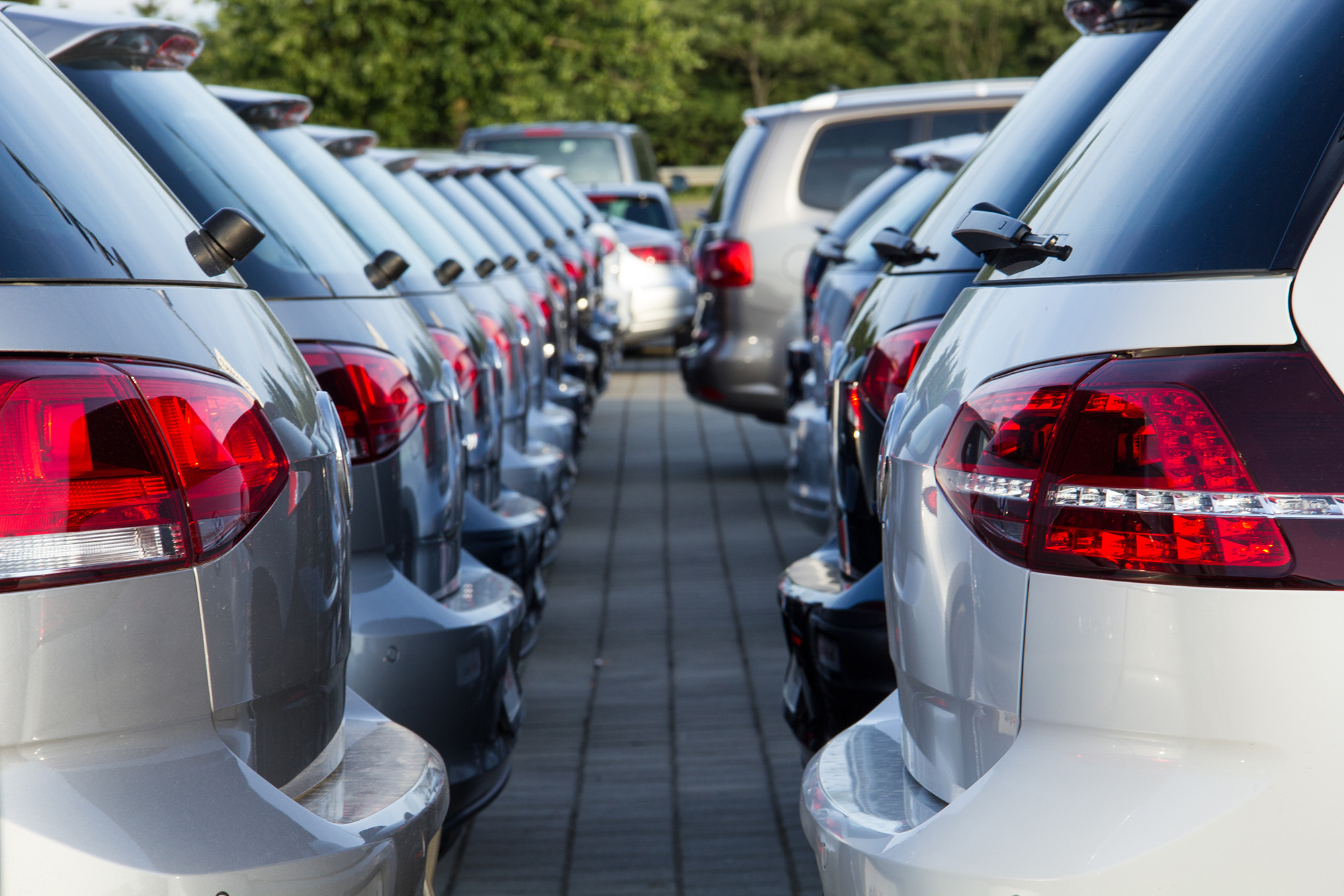 Two rows of parked silver and gray cars facing away on a paved lot with trees in the background.