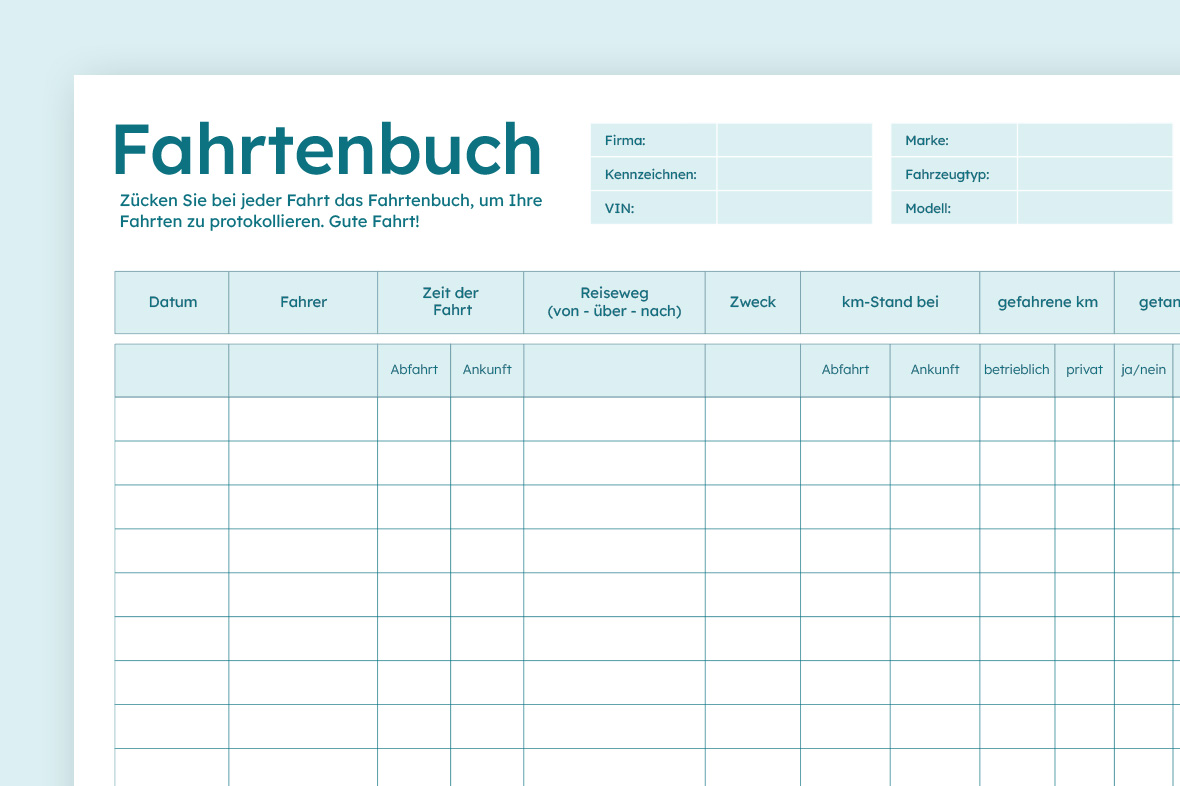 German Fahrtenbuch logbook template with fields for company, license plate, VIN, brand, vehicle type, model, date, driver, trip time, route, purpose, odometer readings, kilometers driven, and other trip details.