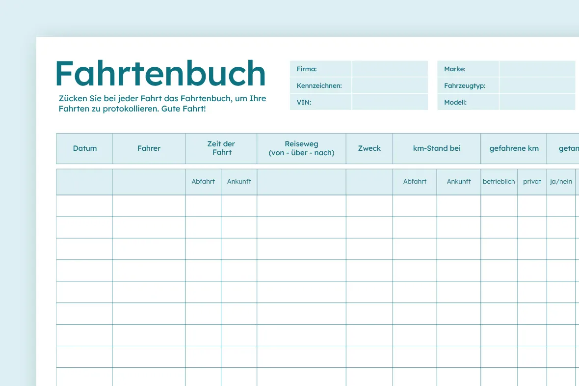German Fahrtenbuch logbook template with fields for company, license plate, VIN, brand, vehicle type, model, date, driver, trip time, route, purpose, odometer readings, kilometers driven, and other trip details.