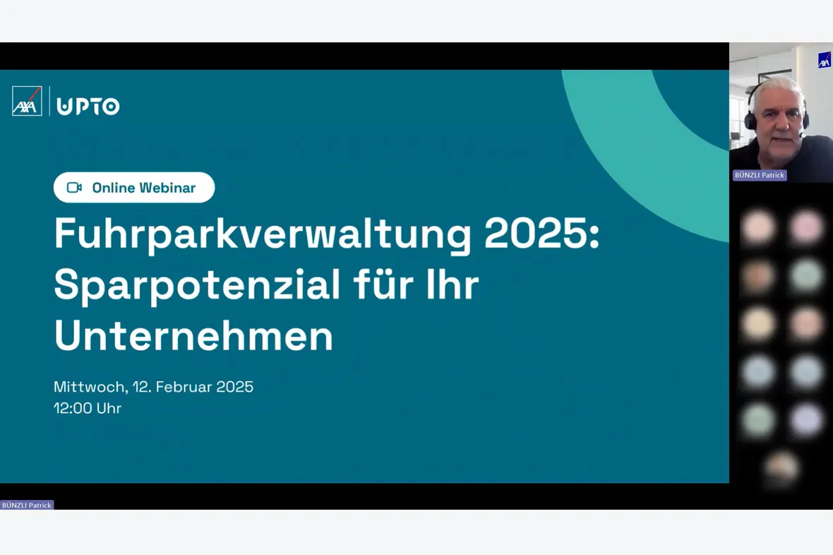 Online webinar slide titled 'Fuhrparkverwaltung 2025: Sparpotenzial für Ihr Unternehmen' with date and time Wednesday, February 12, 2025 at 12:00, participant named Patrick Bünzli visible on right.