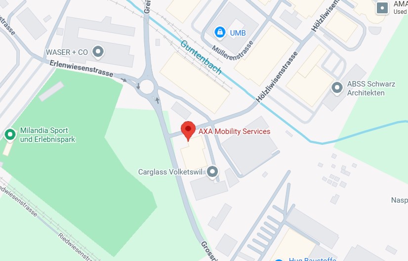Map showing location of AXA Mobility Services AG near Erlenwiesenstrasse and Grossrietstrasse in Volketswil, Switzerland, with nearby landmarks like Milandia Sport und Erlebnispark and Carglass Volketswil.