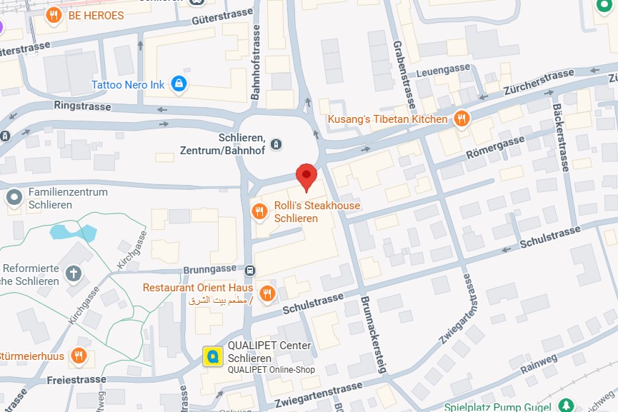 Map Map showing location of AXA Mobility Services AG in Schlieren, Switzerland, highlighting streets and locations including Rolli's Steakhouse, Kusang's Tibetan Kitchen, Restaurant Orient Haus, and QUALIPET Center.