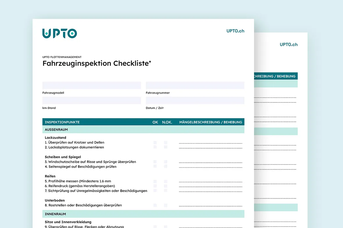 Two German vehicle inspection checklist pages showing inspection points for exterior and interior conditions.