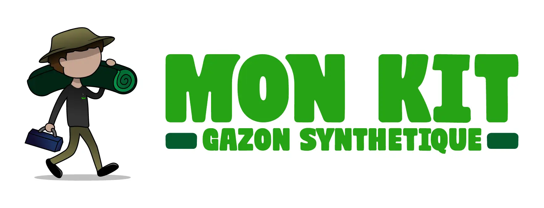 Cartoon character wearing a wide-brimmed hat carrying a rolled green mat over one shoulder and a blue toolbox in hand next to the bold text MON KIT with smaller text underneath.