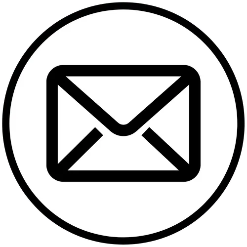 Black envelope icon inside a white circle with black border representing email.