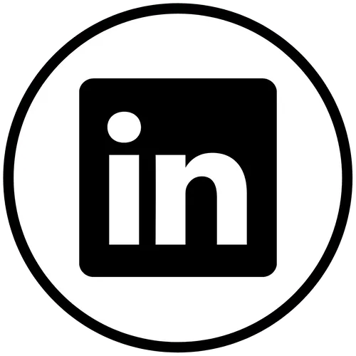 LinkedIn logo in black and white within a circular border.